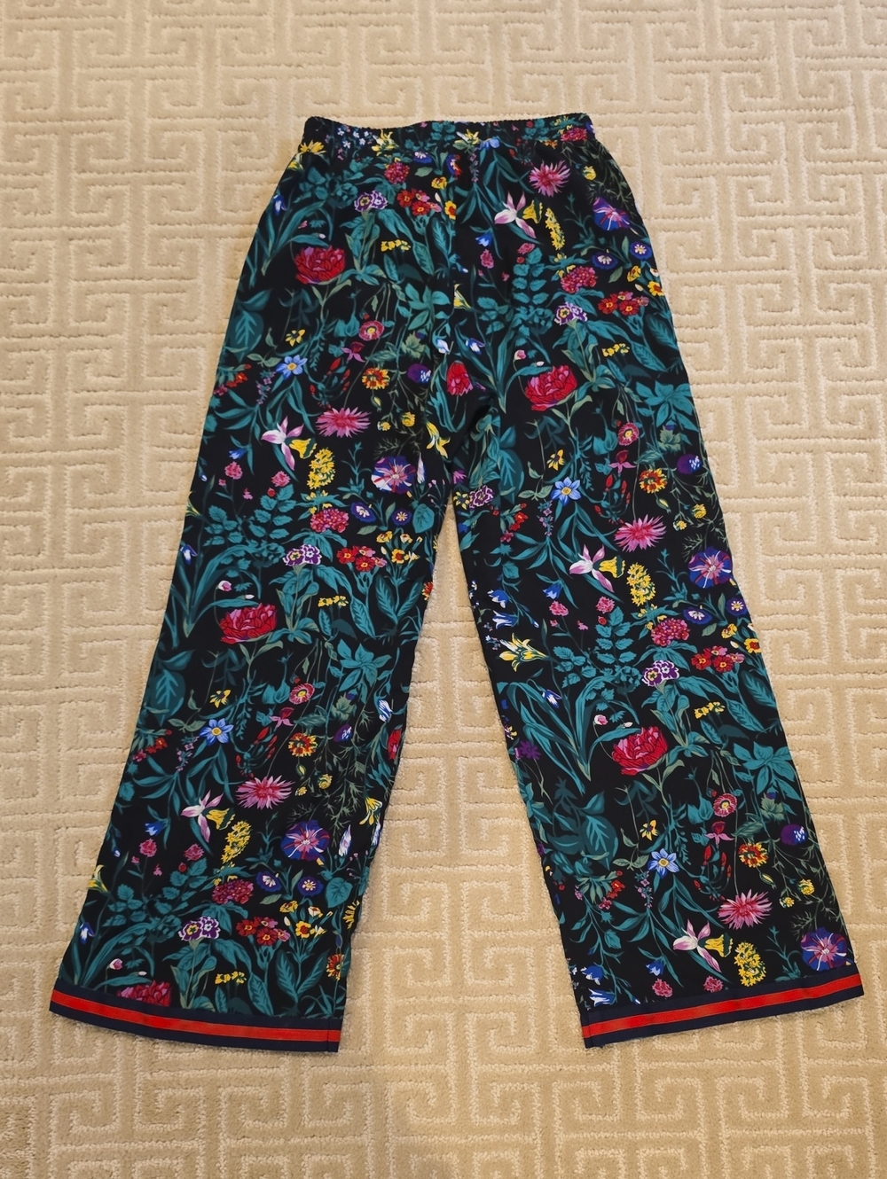 Johanna Paris Black Floral Print Pants with Navy And Red Side Stripe, Size M - Picture 8 of 8